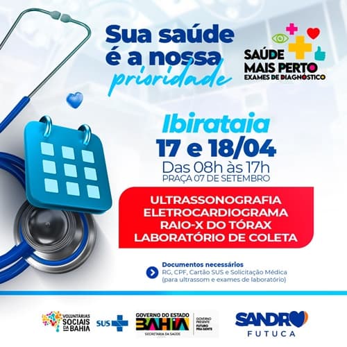 Mais saúde para Ibirataia!“ Saúde Mais Perto, nos dias 17 e 18 de abril, para a população de ibirataense.