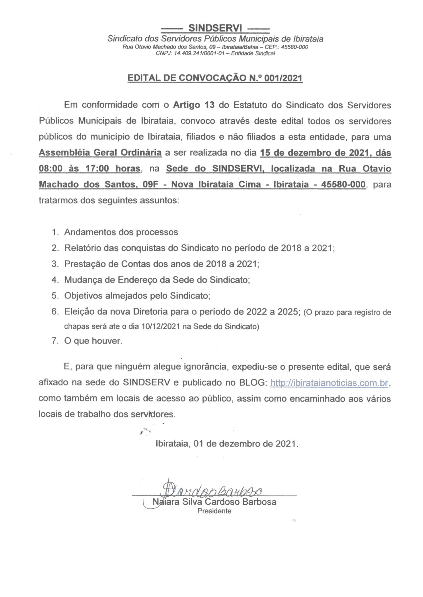SINDSERVI | EDITAL DE CONVOCAÇÃO Nº 001/2021