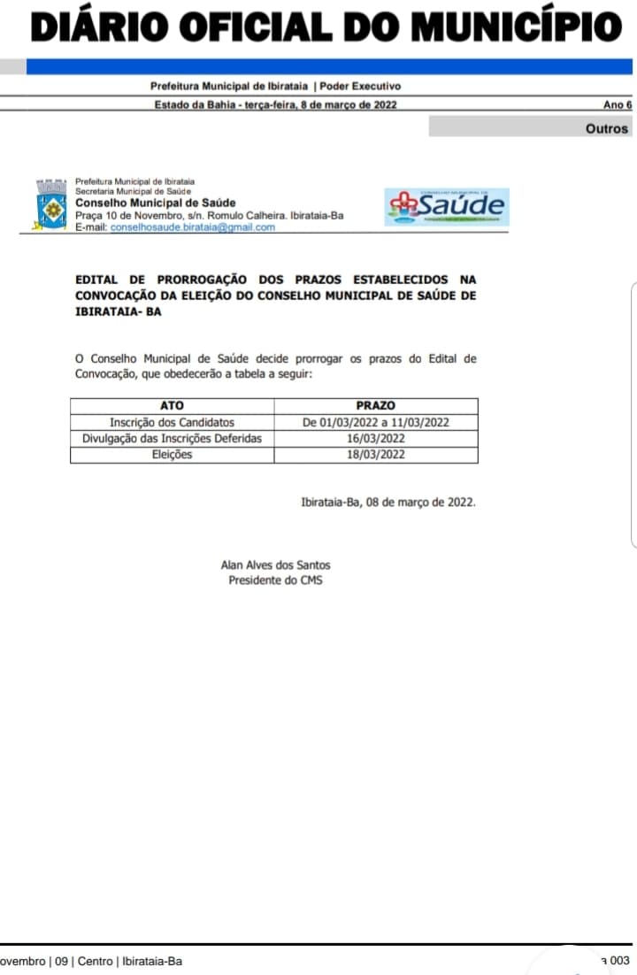 EDITAL DE PRORROGAÇÃO DOS PRAZOS PARA ELEIÇÃO DO CONSELHO DE SAÚDE DE IBIRATAIA