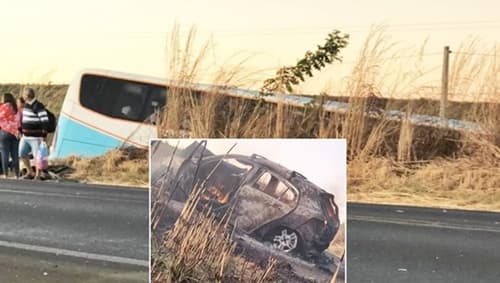 Carro pega fogo após acidente com ônibus na BR-242 em Cristópolis, Oeste da Bahia