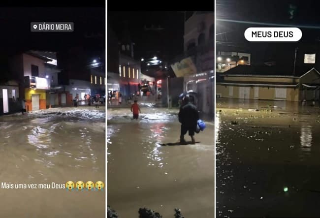 Água avança e invade ruas e casas em Dário Meira