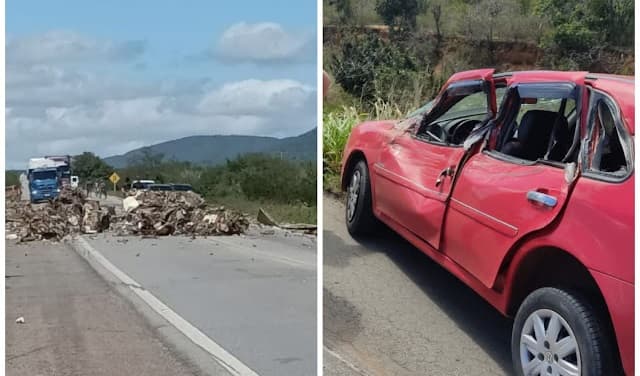Carga de ferro velho cai de carreta, atinge carro e interdita parte da BR 407