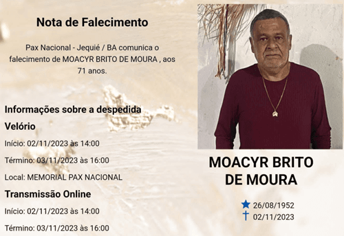 Nota de Falecimento: Ex-morador de Ibirataia Moacyr Brito de Moura (Moacyr Encanador)