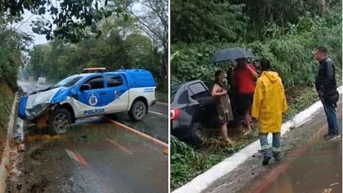Viatura da Polícia Civil colide com carro na BR-415, entre Itabuna e Ilhéus