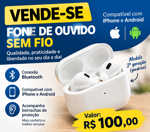 Ibirataia: 🎧 Vende-se Fone de Ouvido Sem Fio – Compatível com iPhone e Android