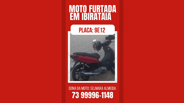 Ibirataia: Moto Honda Biz é furtada próximo à Praça 7 de Setembro