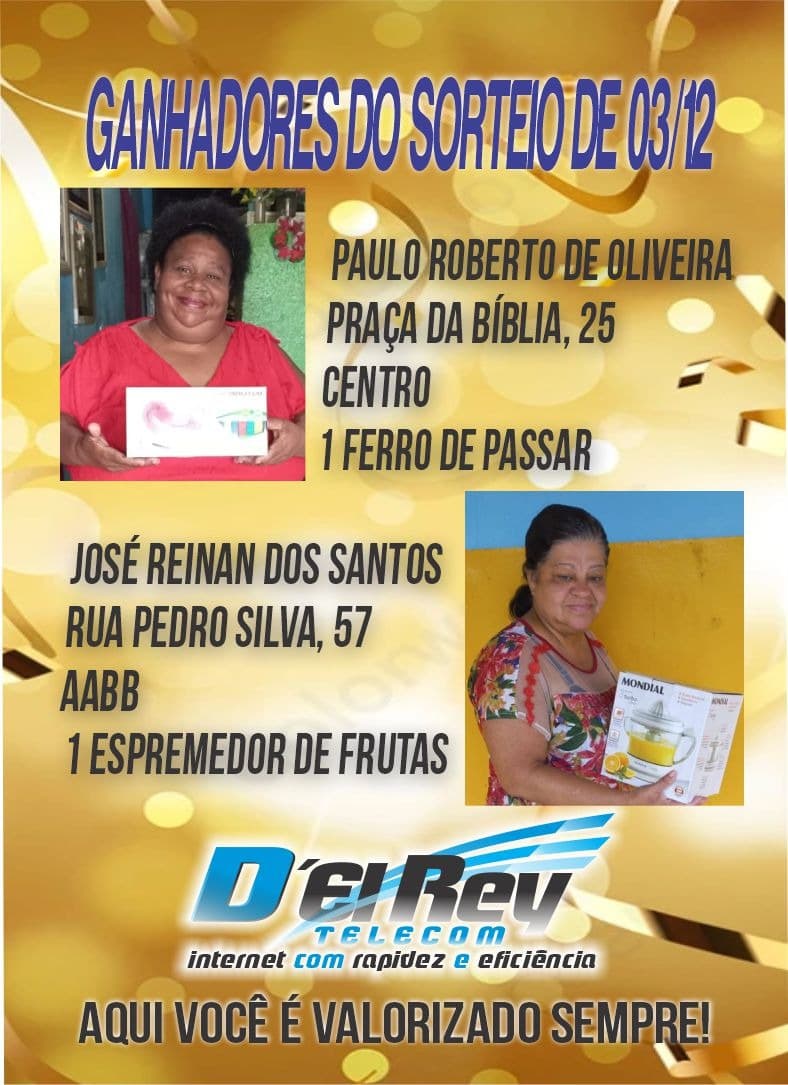 Ganhadores do Sorteio de 03/12 | D'EL REY TELECOM