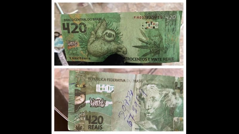 PF apreende 'cédula' de R$ 420 estampada com figuras do bicho-preguiça e maconha