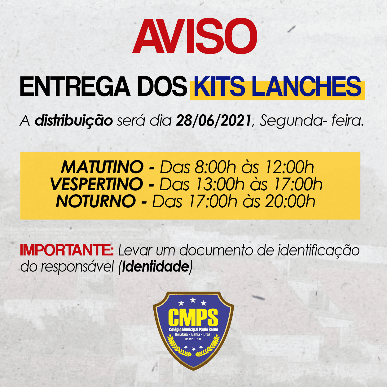 Confira a entrega dos KITS LANCHES do Colégio Municipal Paulo Souto