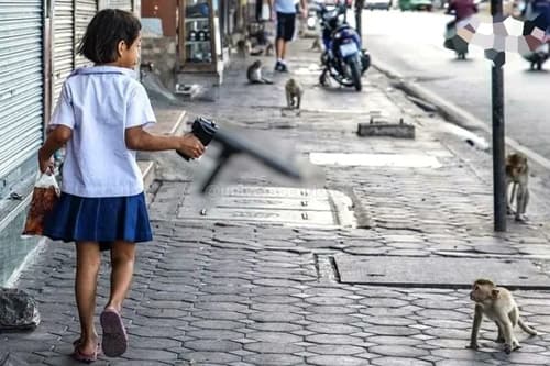 Jovem tailandesa usa metralhadora de airsoft para afugentar macacos e proteger alimentos