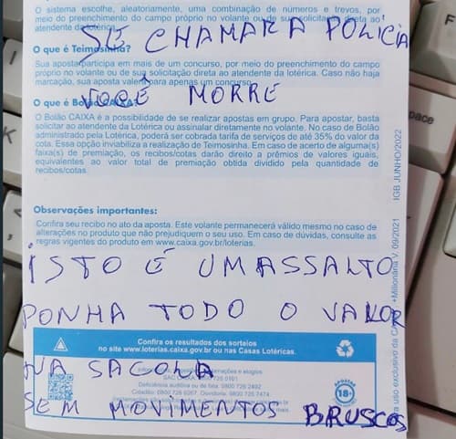 Ubatã: Bandido finge ser cliente e anuncia através de bilhete assalto em lotérica