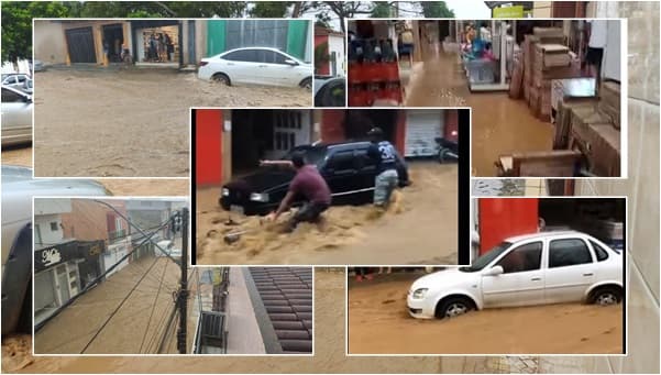 Temporal alaga ruas, água invade casas e leva carros e motos em Barra do Choça