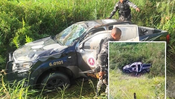 Viatura da PM capota em ribanceira e deixa 3 policiais feridos