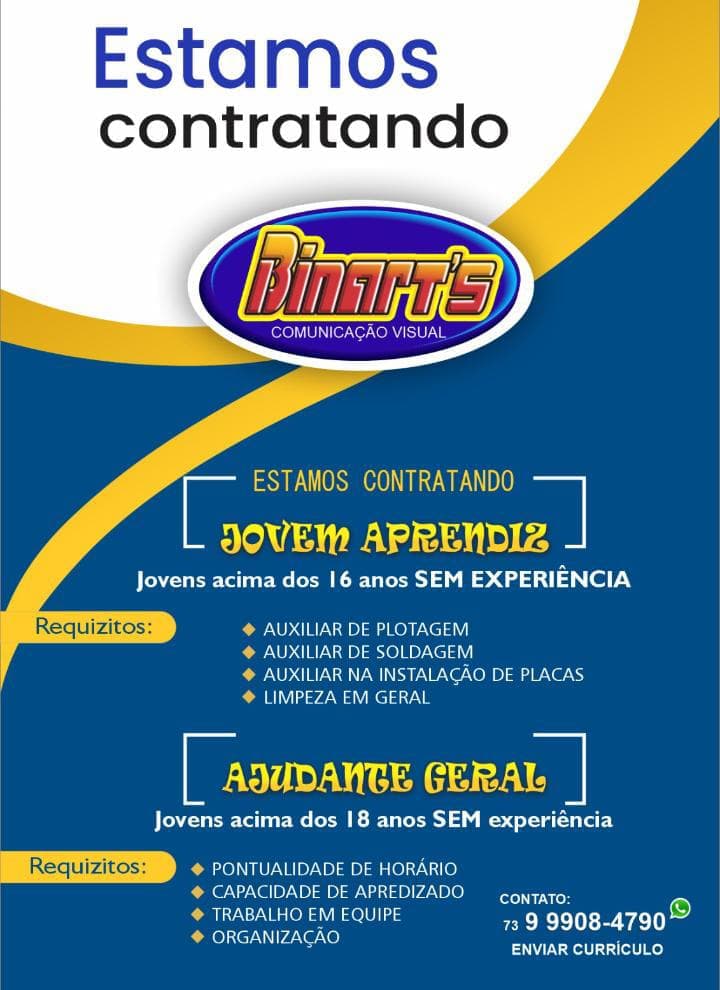 Ibirataia: Binart’s Comunicação Visual abre vagas para Jovem Aprendiz e Ajudante Geral