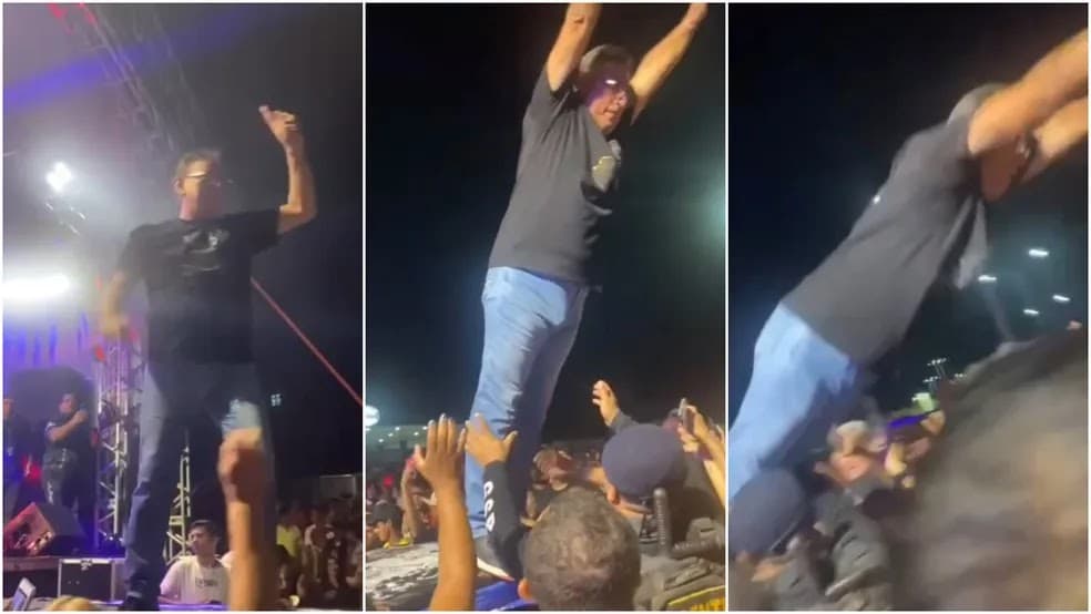 Prefeito de Senador Pompeu se empolga em festa de aniversário da cidade e cai na plateia