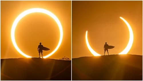 Italo Ferreira posa com prancha de surfe em meio a eclipse solar no Rio Grande do Norte