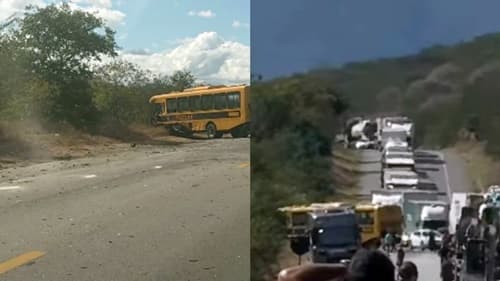 Acidente com ônibus escolar bloqueia BR-116 nos dois sentidos em Jequié