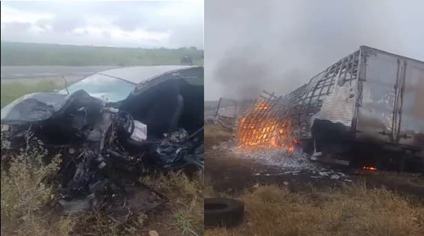 Caminhão baú é consumido pelo fogo após colidir com carro de passeio