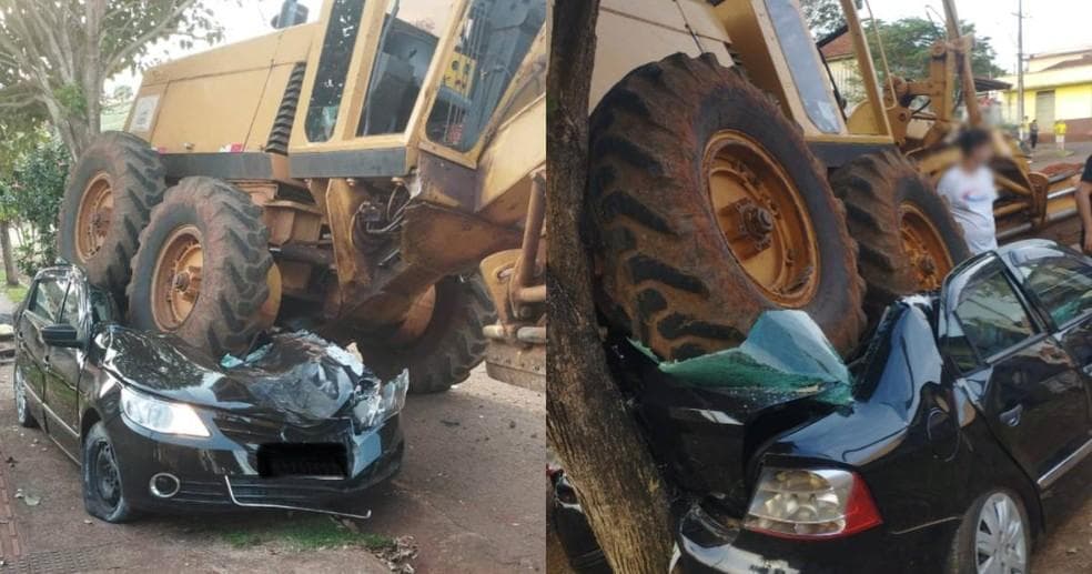 Carro é arrastado e esmagado por máquina niveladora
