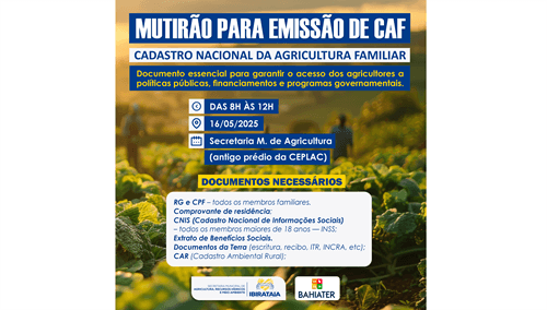 Mutirão para Emissão do CAF será realizado em Ibirataia nesta quinta-feira (16)