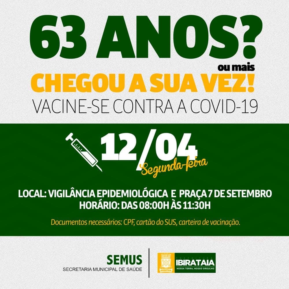 Prefeitura de Ibirataia irá fazer vacinação contra o Covid-19, pessoas de 63 anos ou mais.
