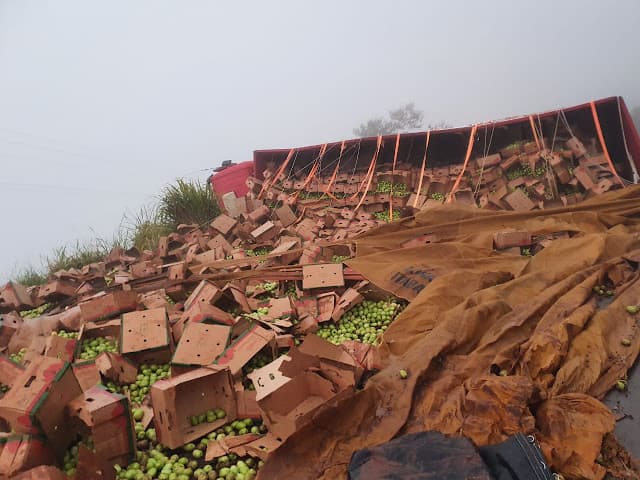 Caminhão carregado com tomates tomba na Serra do Tombador