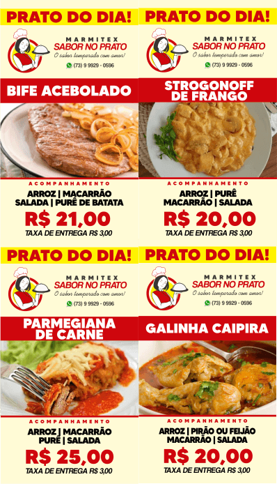 Confira o cardápio da MARMITEX SABOR NO PRATO desta sexta-feira, 16
