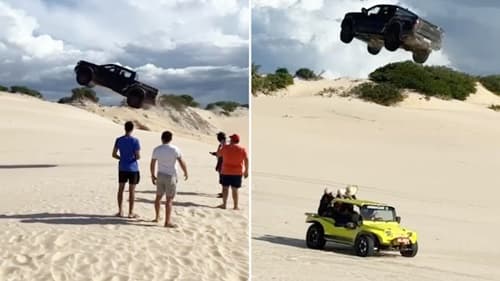 Carro voa sobre buggy em duna do Ceará e assusta turistas
