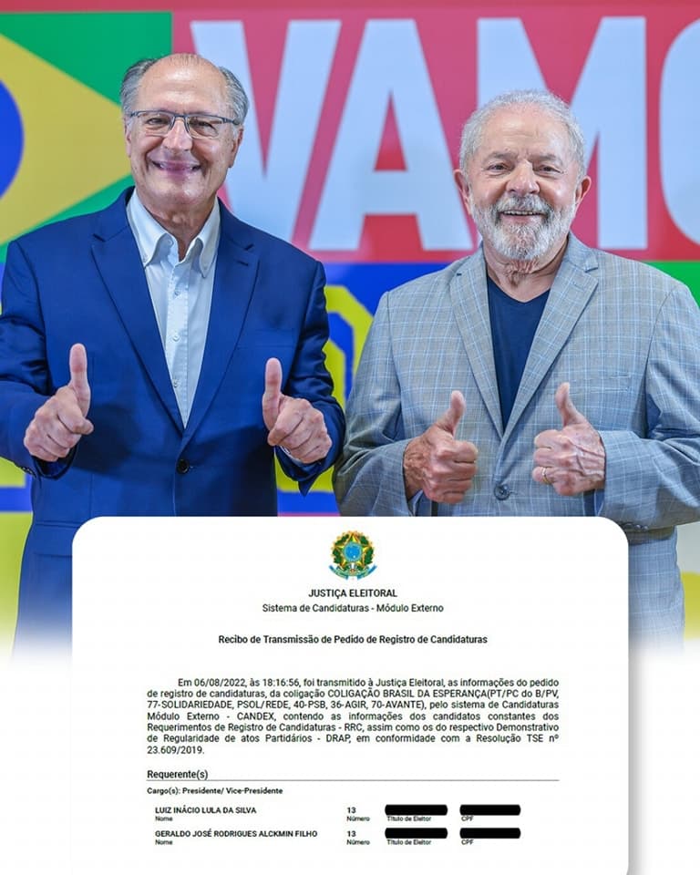 PT oficializa registro da chapa Lula - Alckmin no TSE