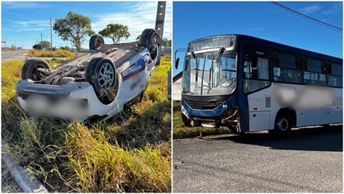 Colisão seguida de capotamento envolvendo carro e ônibus deixa feridos