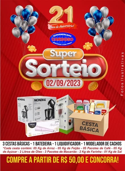 Super Sorteio do Supermercado Cardoso em comemoração aos 21 anos de Aniversário; aproveite e concorra!