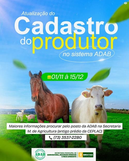 Ibirataia: Atualize seu Cadastro do Produtor no sistema ADAB até 15 de dezembro em Ibiratai