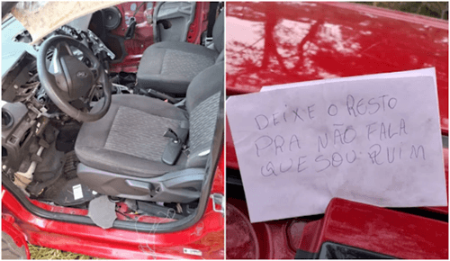 Carro roubado em SP é encontrado sem rodas e com recado irônico