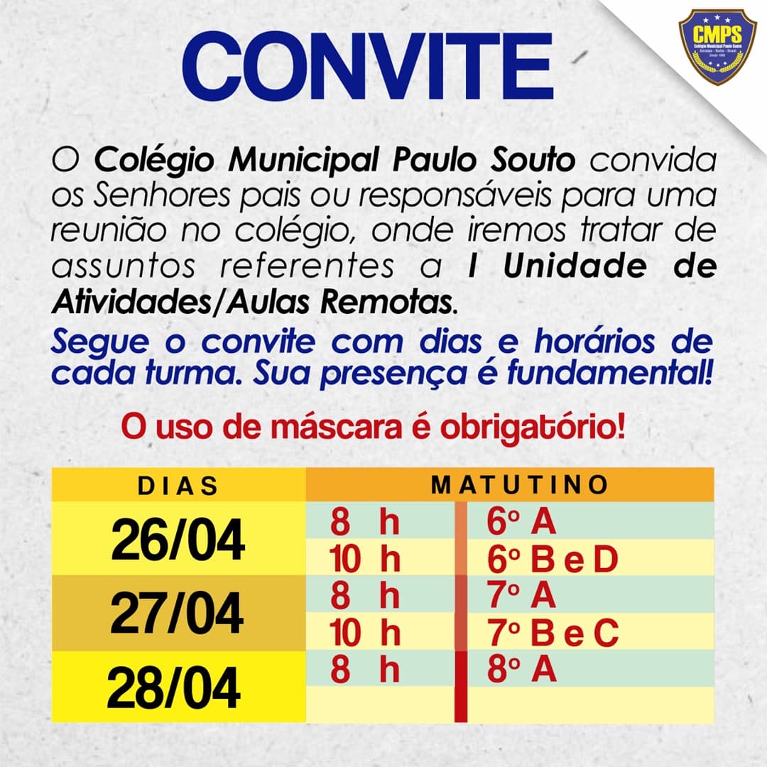 COMUNICADO | COLÉGIO MUNICIPAL PAULO SOUTO