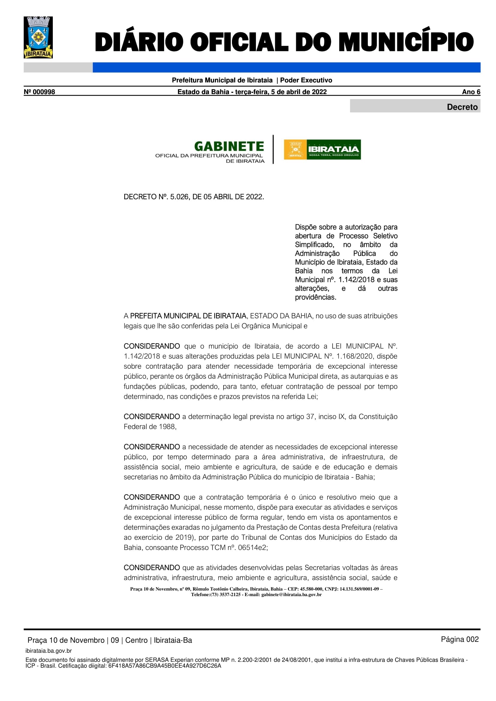 DECRETO Nº. 5.026, DE 05 ABRIL DE 2022