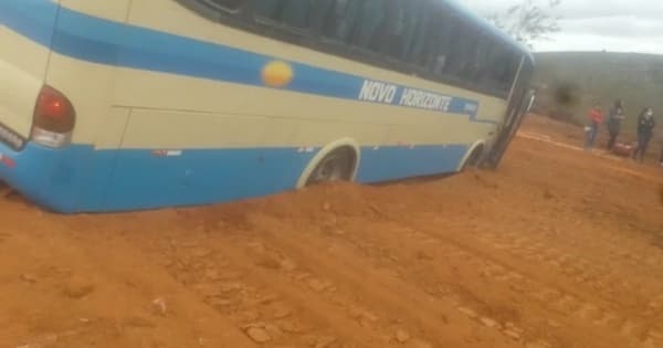 Ônibus da Novo Horizonte perde o freio e para em barranco na famosa Serra de Miranda na BA-640.