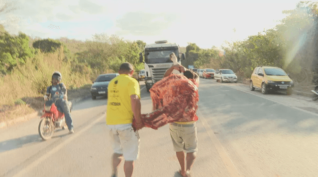 População corta carne de bois que morreram atropelados por carreta em rodovia no DF