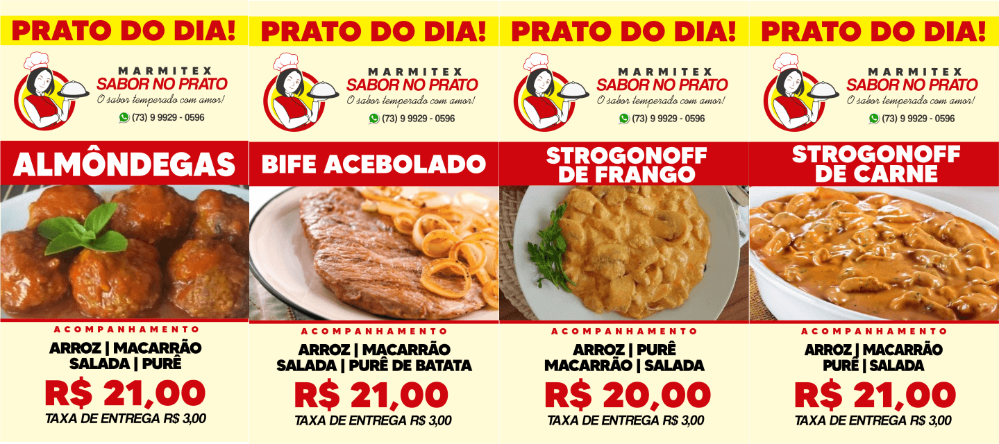 Confira o cardápio da MARMITEX SABOR NO PRATO desta terça-feira, 27