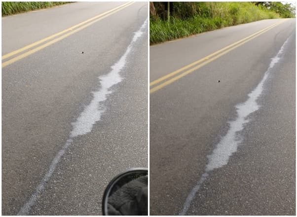 Perigo: motociclista mostra rastros de óleo na rodovia Ipiaú-Ibirataia