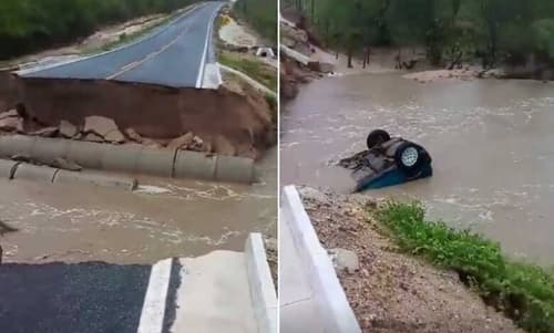 Carro cai em cratera aberta por chuvas na BA-220