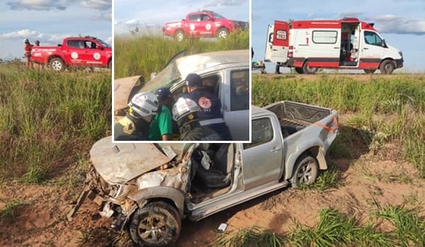 Mulher é resgatada com vida de grave capotamento de caminhonete