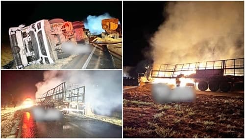 Carreta incendiada após colisão com outras duas na Bahia