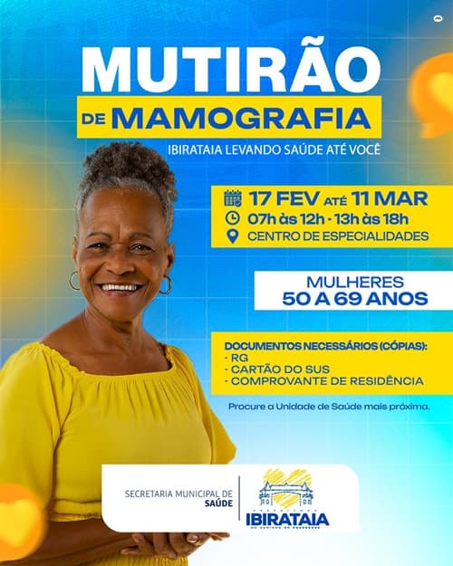 Ibirataia: Prefeitura realiza Mutirão de Mamografia para mulheres de 50 a 69 Anos