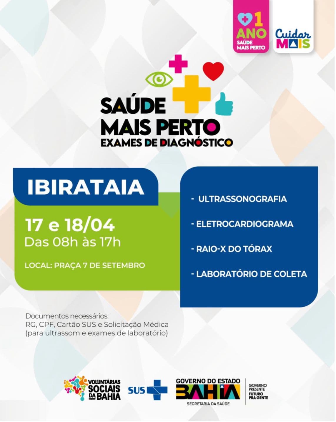 Ibirataia: Sandro Futuca viabiliza Programa 'Saúde Mais Perto' em Ibirataia: Exames gratuitos na próxima quarta e quinta-feira (17 e 18/04)