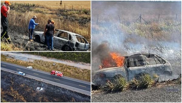 Carro pega fogo deixando 2 mortos carbonizados na BR-242