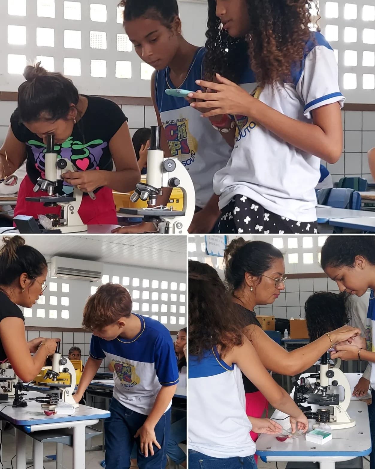 Professora do Colégio Marilúzia Silva Machado desenvolve aula prática de microscopia e células animal e vegetal com alunos