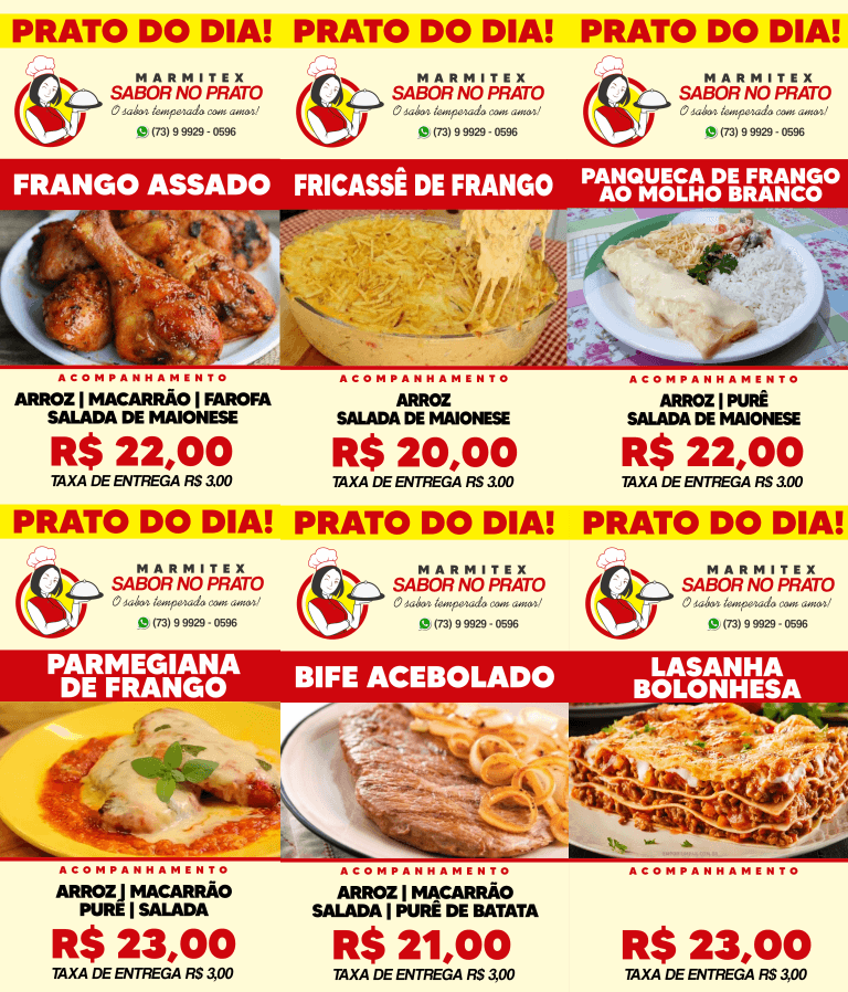 Cardápio deste domingo, 08, da MARMITEX SABOR NO PRATO