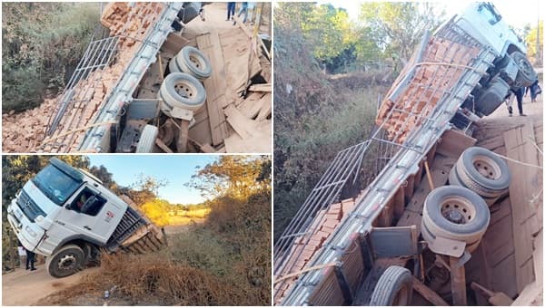 Ponte não suporta peso de caminhão carregado de tijolos e cede