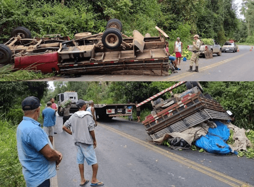 Caminhão carregado de bananas capota na BA-120, entre Ibirataia e Gandu