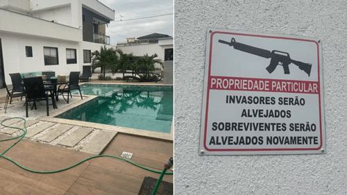 'Invasores serão alvejados', diz placa colocada na casa de chefe de bando preso em operação
